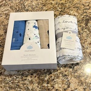 Bundle of new Cloud Island Muslin Blankets! White, blue, and brown colors.